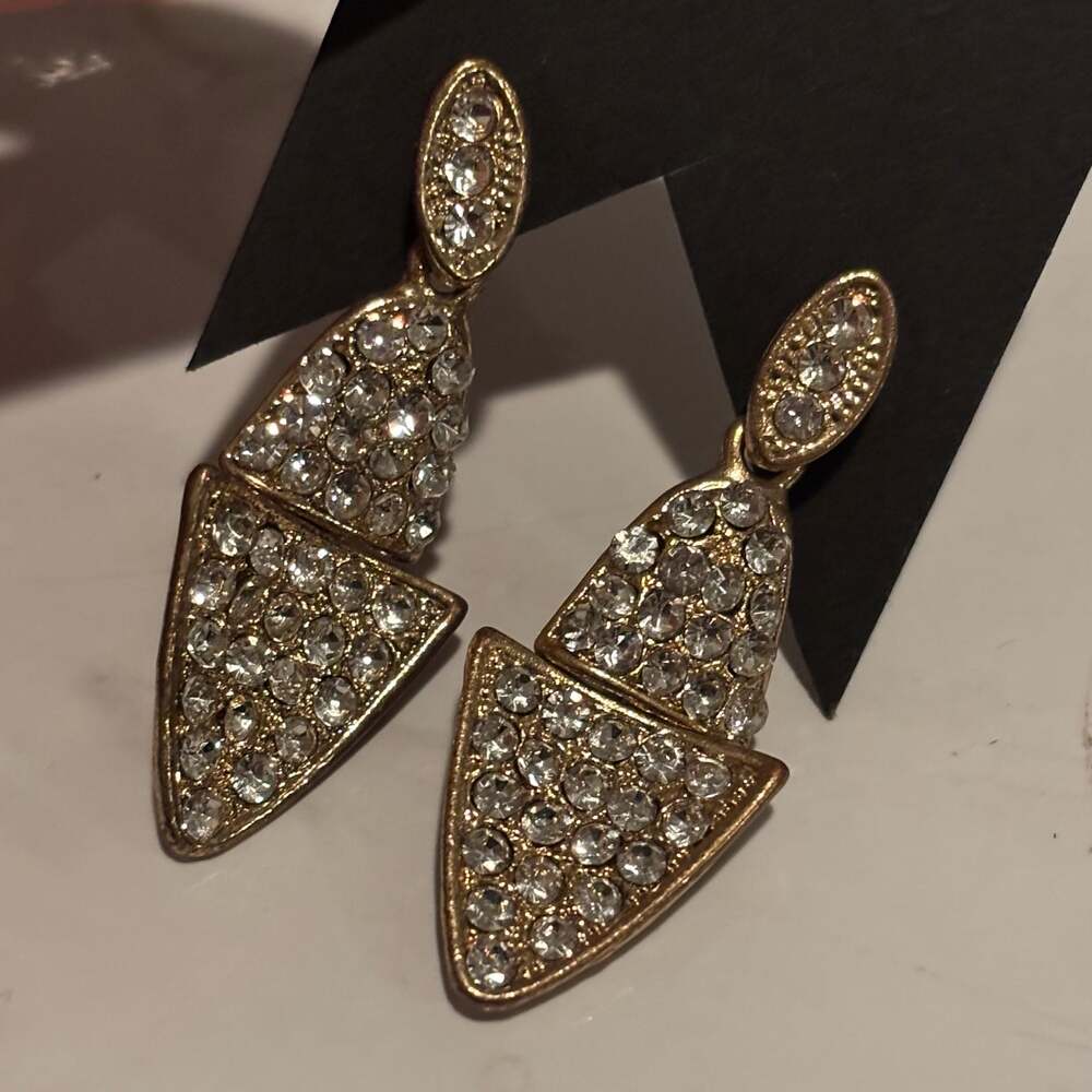 Gold-Tone Geometric Double Triangle Drop Earrings with Pavé Crystals - Picture 10 of 12